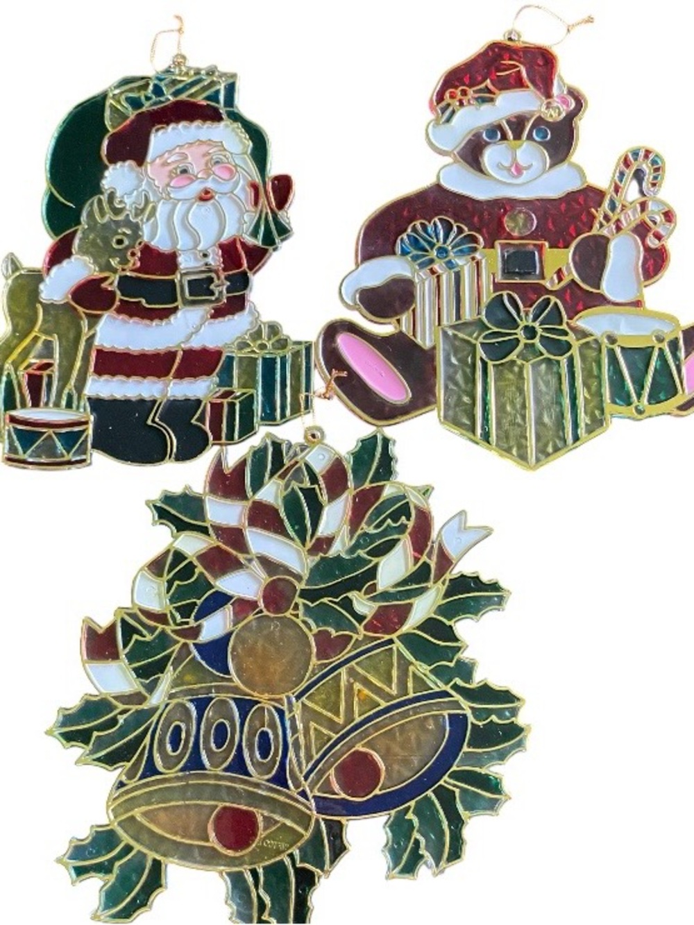 Vintage Faux Stained Glass Christmas Sun Catchers Window Decorations Set of 3